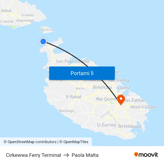 Cirkewwa Ferry Terminal to Paola Malta map
