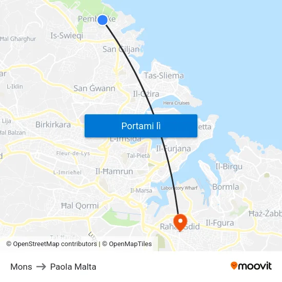 Mons to Paola Malta map