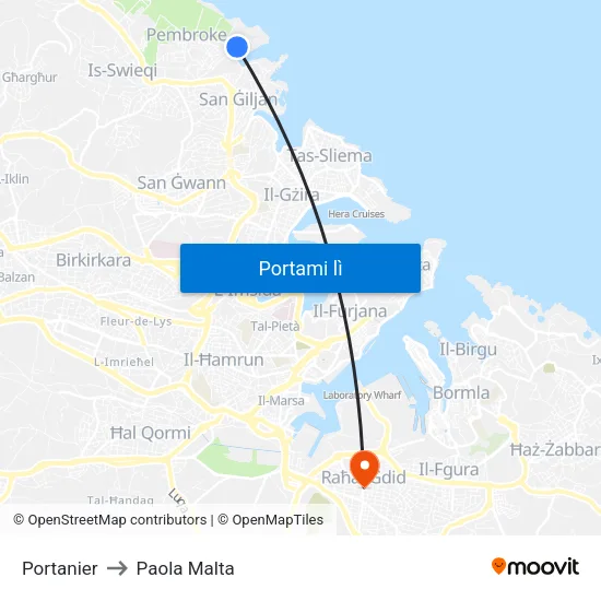 Portanier to Paola Malta map