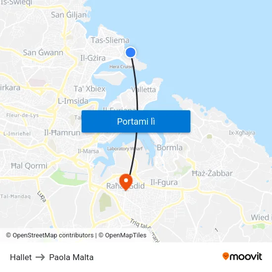 Hallet to Paola Malta map