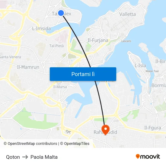 Qoton to Paola Malta map