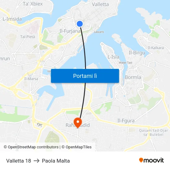 Valletta 18 to Paola Malta map