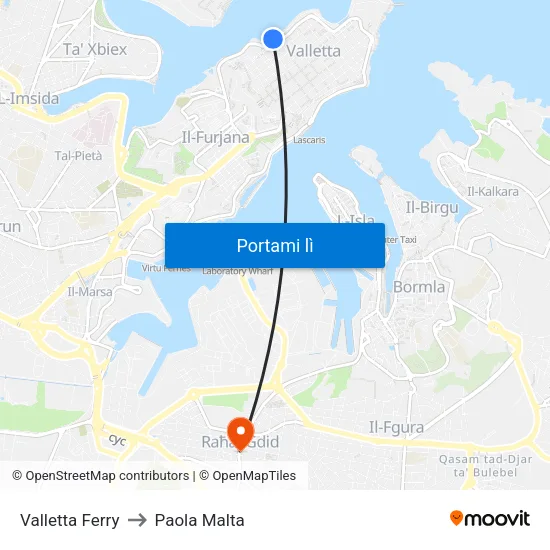 Valletta Ferry to Paola Malta map