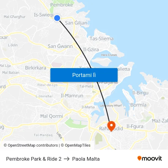 Pembroke Park & Ride 2 to Paola Malta map