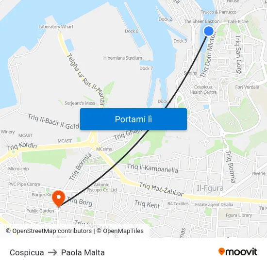 Cospicua to Paola Malta map