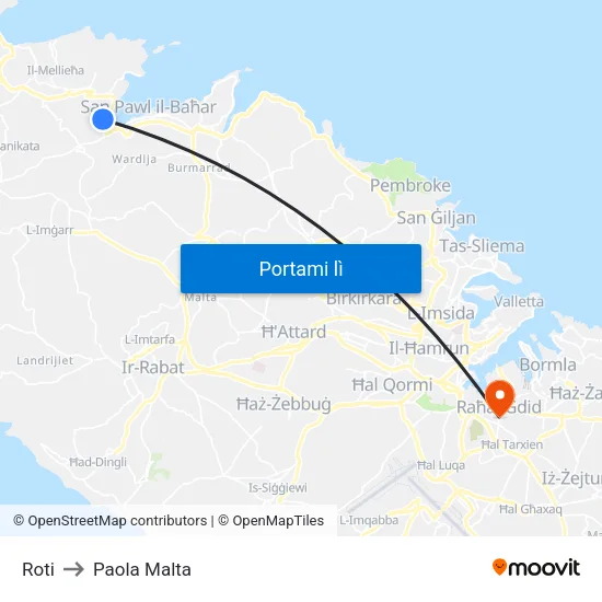 Roti to Paola Malta map