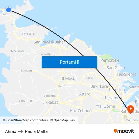 Ahrax to Paola Malta map