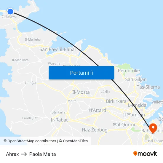 Ahrax to Paola Malta map