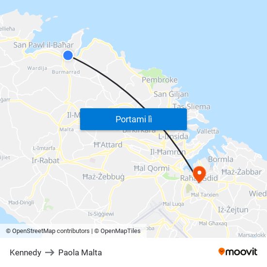 Kennedy to Paola Malta map