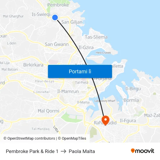 Pembroke Park & Ride 1 to Paola Malta map