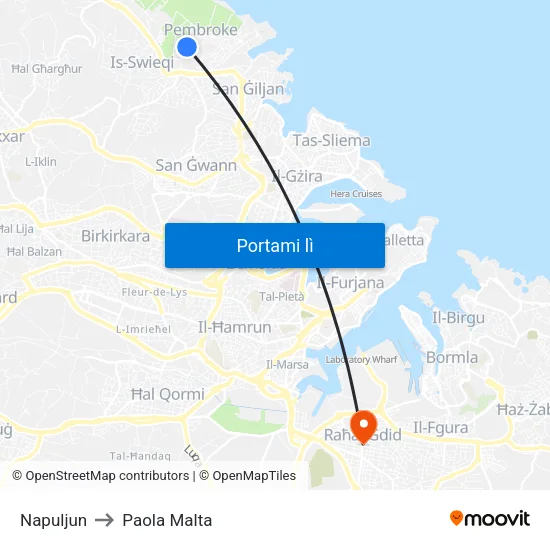 Napuljun to Paola Malta map