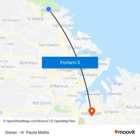 Sisner to Paola Malta map