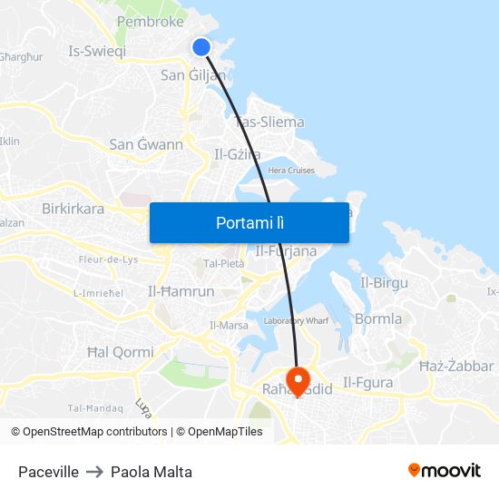Paceville to Paola Malta map