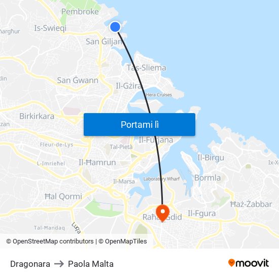 Dragonara to Paola Malta map