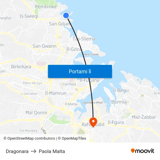 Dragonara to Paola Malta map