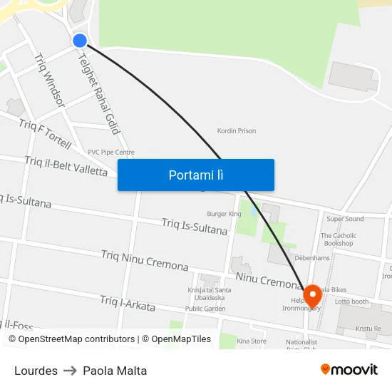 Lourdes to Paola Malta map