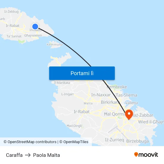 Caraffa to Paola Malta map