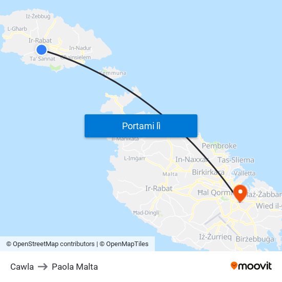 Cawla to Paola Malta map