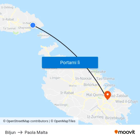 Biljun to Paola Malta map