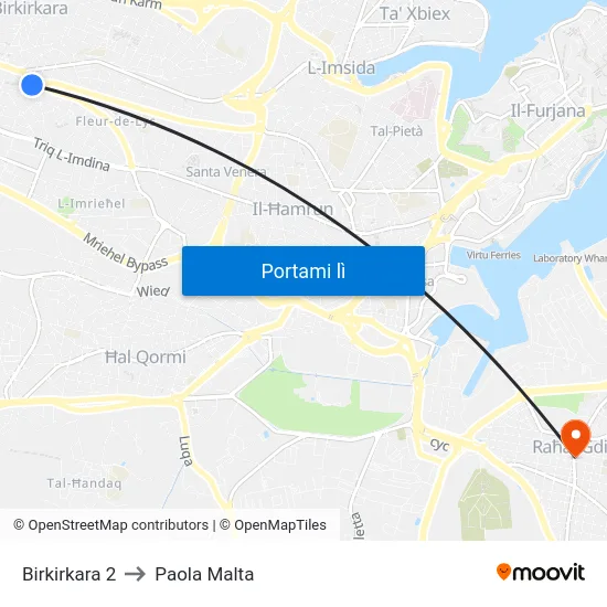 Birkirkara 2 to Paola Malta map