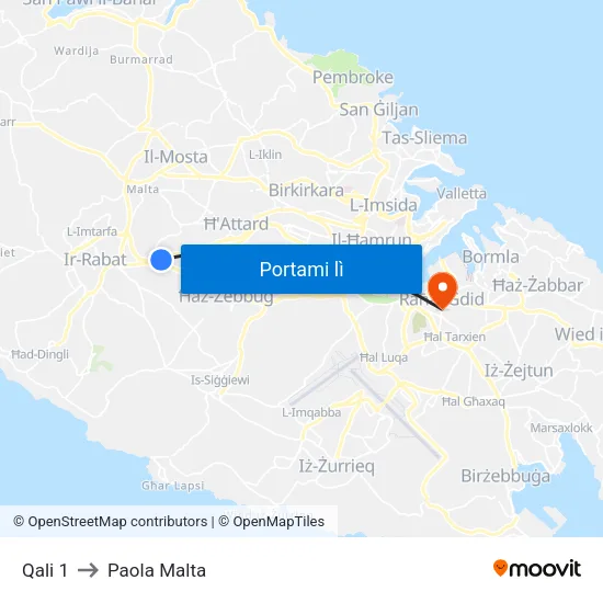 Qali 1 to Paola Malta map