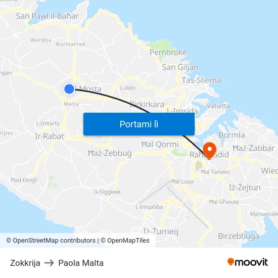 Zokkrija to Paola Malta map