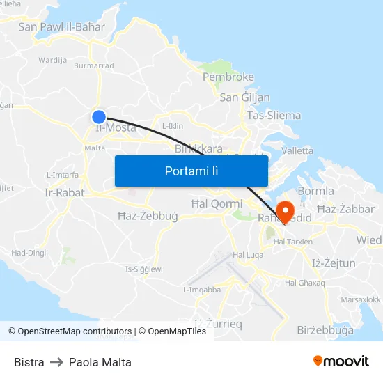 Bistra to Paola Malta map