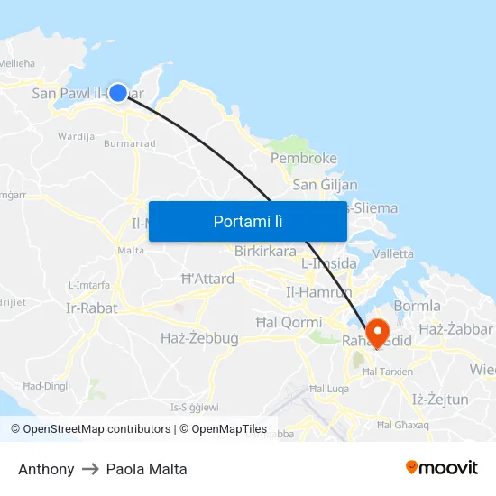 Anthony to Paola Malta map