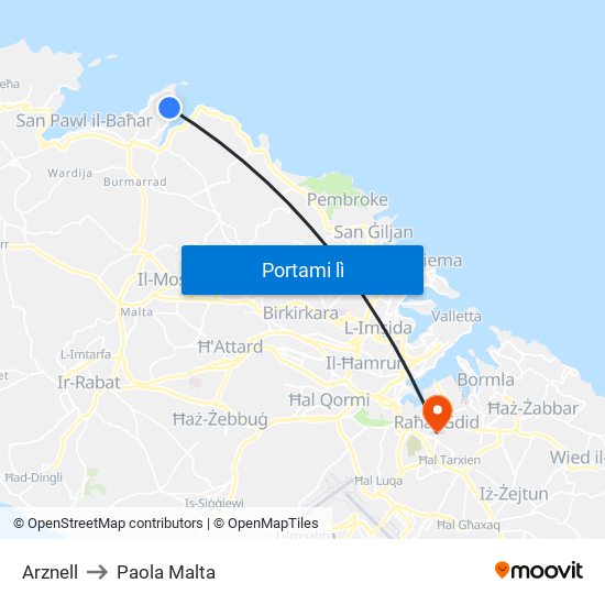 Arznell to Paola Malta map