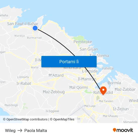 Wileg to Paola Malta map