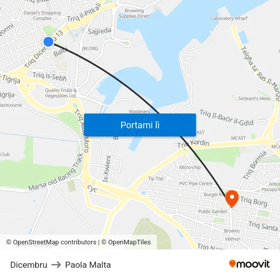 Dicembru to Paola Malta map