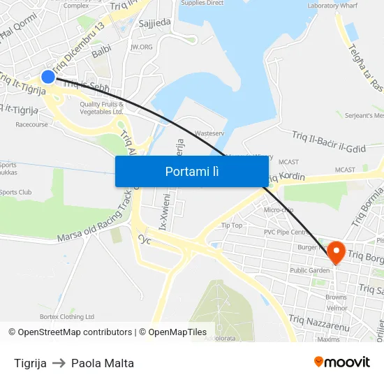 Tigrija to Paola Malta map