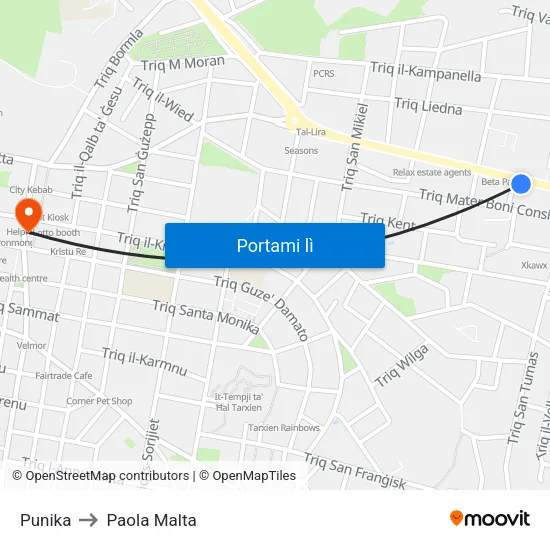 Punika to Paola Malta map