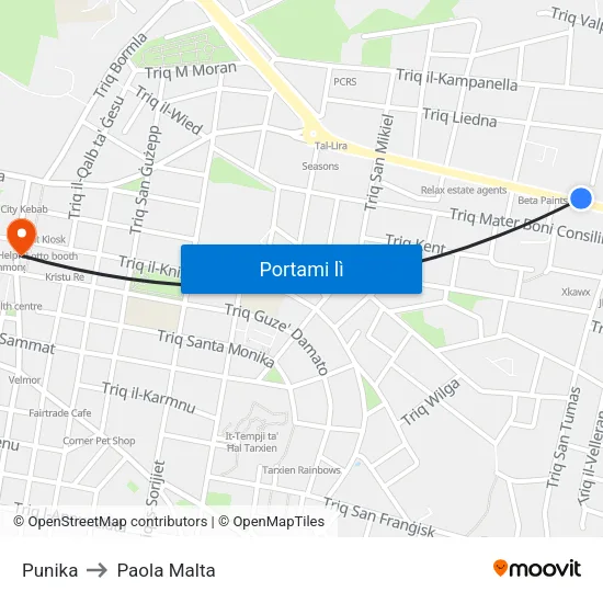 Punika to Paola Malta map