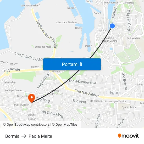 Bormla to Paola Malta map