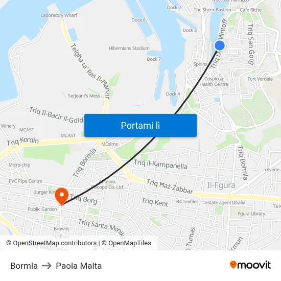 Bormla to Paola Malta map