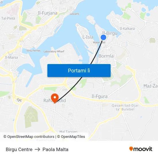 Birgu Centre to Paola Malta map