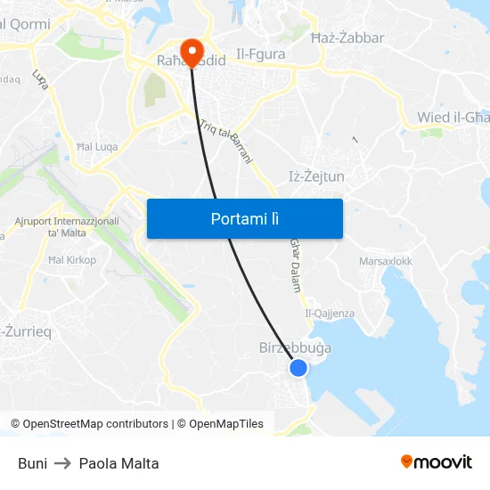 Buni to Paola Malta map