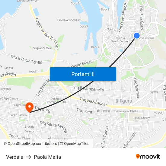 Verdala to Paola Malta map