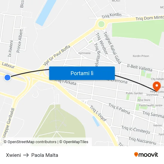 Xwieni to Paola Malta map
