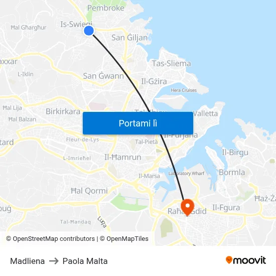Madliena to Paola Malta map