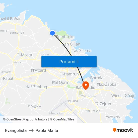 Evangelista to Paola Malta map