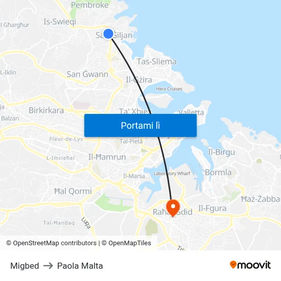 Migbed to Paola Malta map