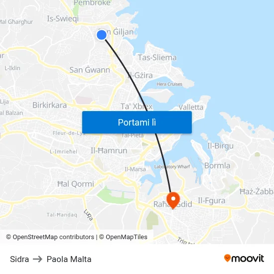 Sidra to Paola Malta map