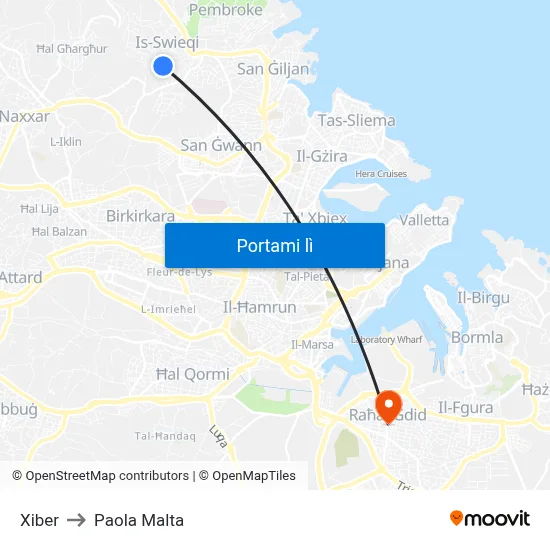 Xiber to Paola Malta map