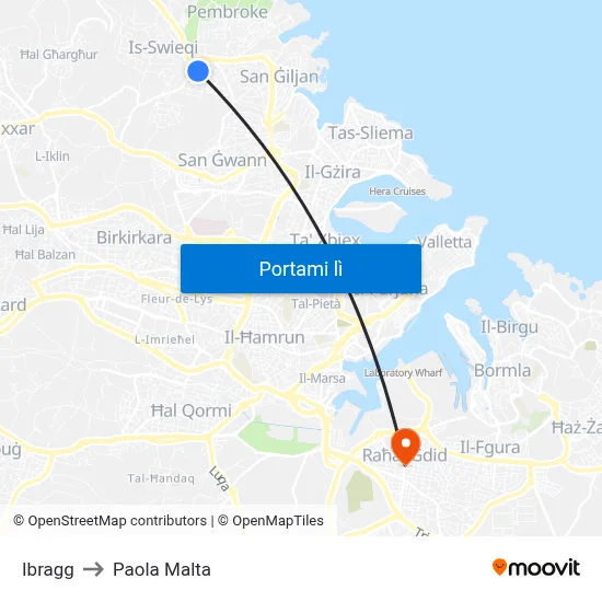 Ibragg to Paola Malta map