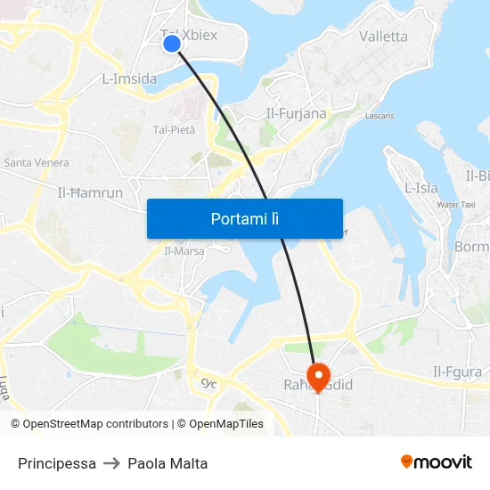 Principessa to Paola Malta map