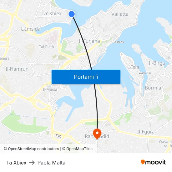 Ta Xbiex to Paola Malta map