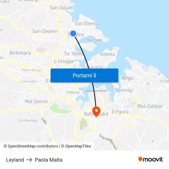 Leyland to Paola Malta map
