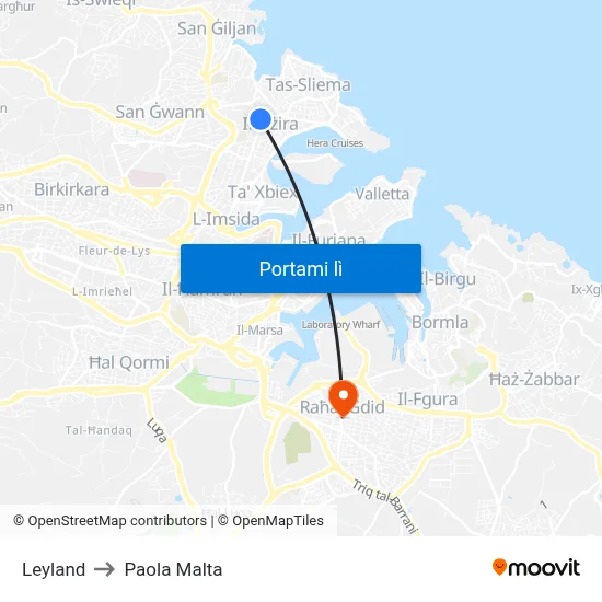 Leyland to Paola Malta map